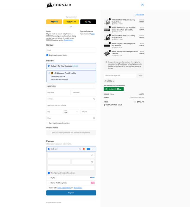 Corsair checkout page showing Corsair discount code box | Screenshot taken by SimplyCodes community member on Sep 24, 2025