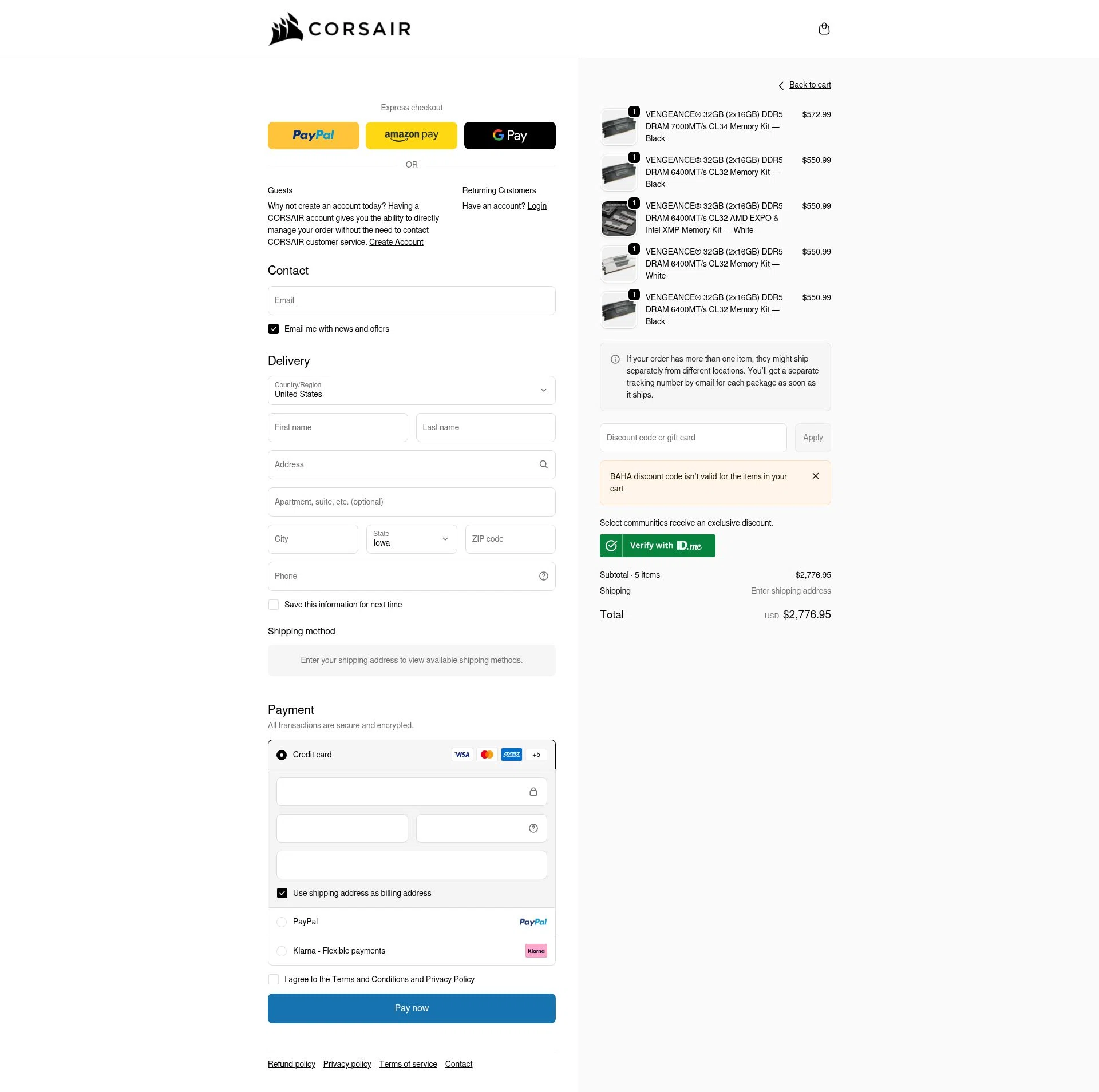 Corsair checkout page showing Corsair discount code box | Screenshot taken by SimplyCodes community member on Jan 6, 2026