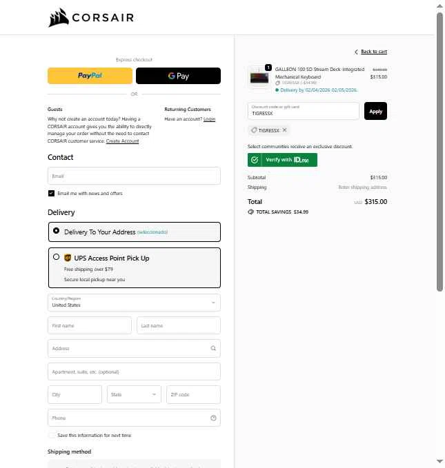 Corsair checkout page showing Corsair discount code box | Screenshot taken by SimplyCodes community member on Jan 31, 2026