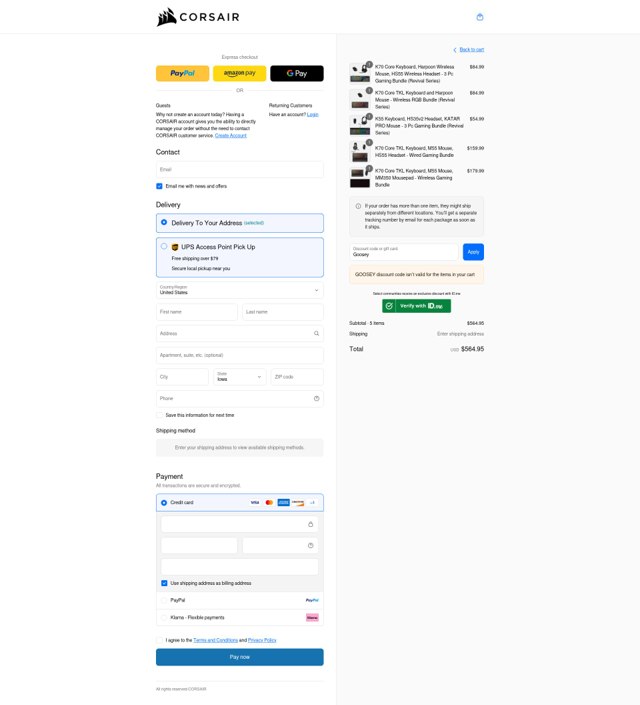 Corsair checkout page showing Corsair discount code box | Screenshot taken by SimplyCodes community member on Sep 3, 2025