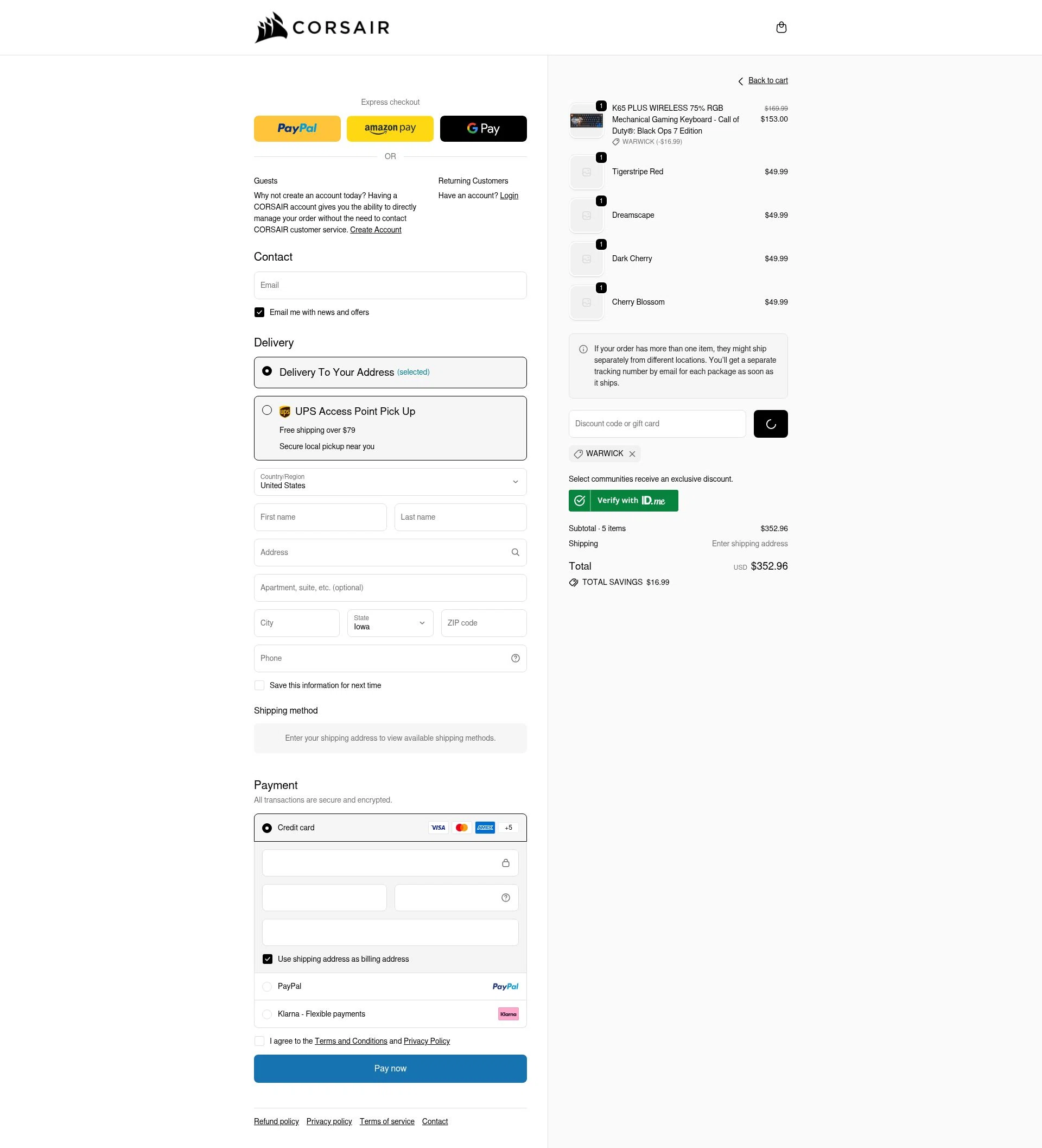Corsair checkout page showing Corsair discount code box | Screenshot taken by SimplyCodes community member on Jan 2, 2026
