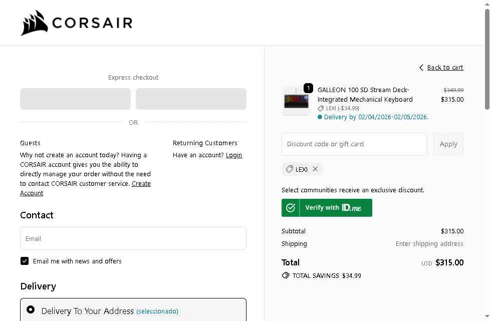 Corsair checkout page showing Corsair discount code box | Screenshot taken by SimplyCodes community member on Jan 31, 2026