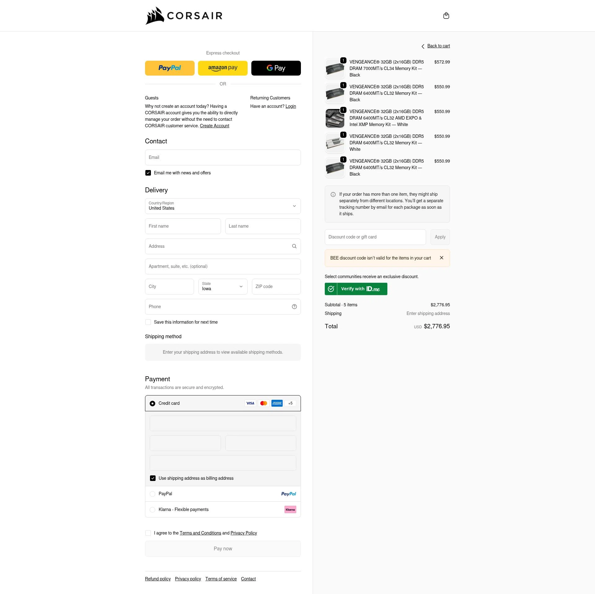Corsair checkout page showing Corsair discount code box | Screenshot taken by SimplyCodes community member on Jan 31, 2026