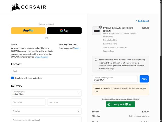 Corsair checkout page showing Corsair discount code box | Screenshot taken by SimplyCodes community member on Sep 4, 2025