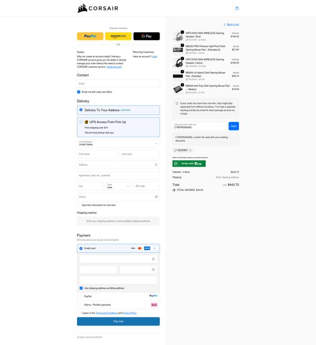 Corsair checkout page showing Corsair discount code box | Screenshot taken by SimplyCodes community member on Sep 24, 2025