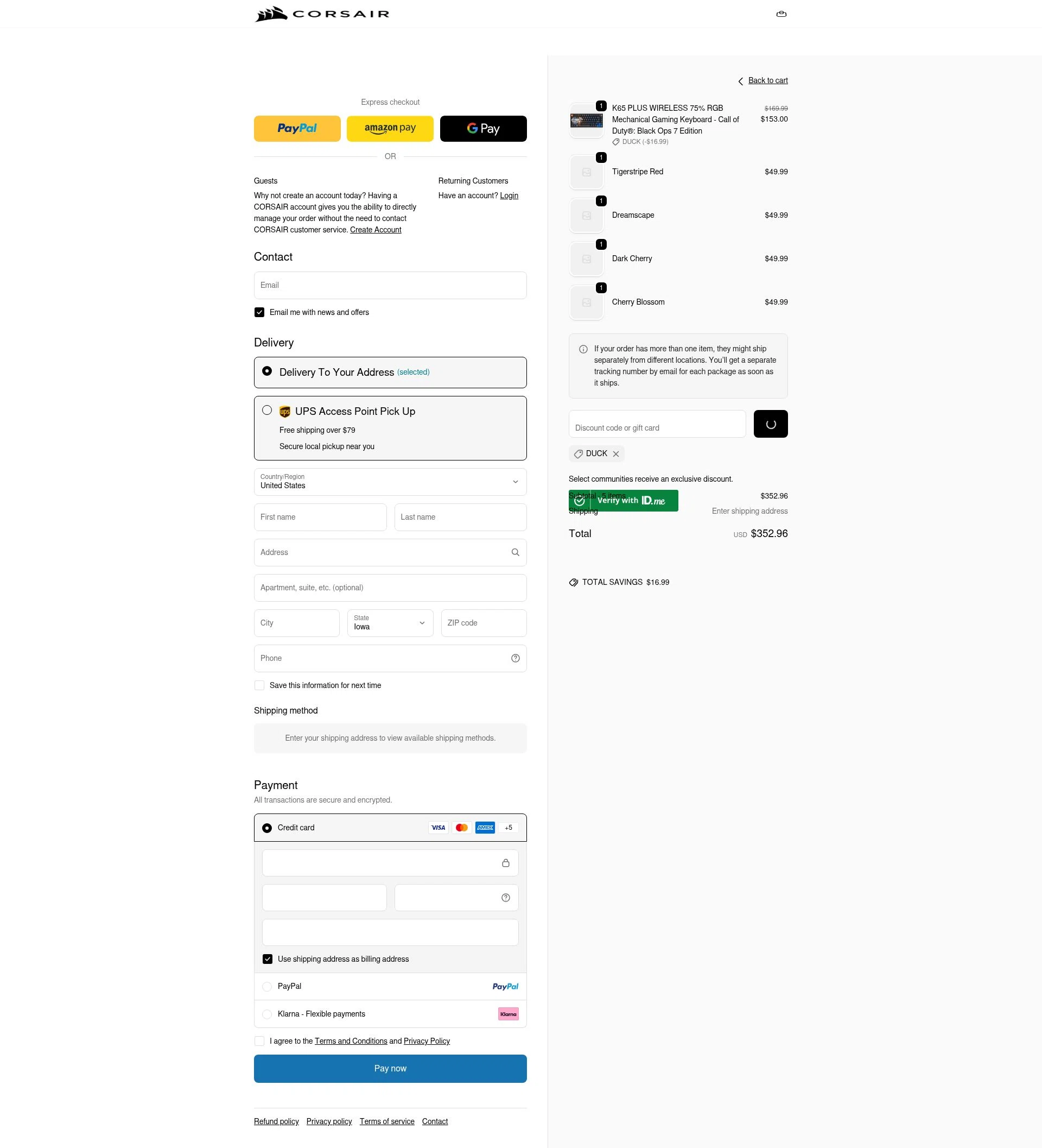 Corsair checkout page showing Corsair discount code box | Screenshot taken by SimplyCodes community member on Jan 2, 2026