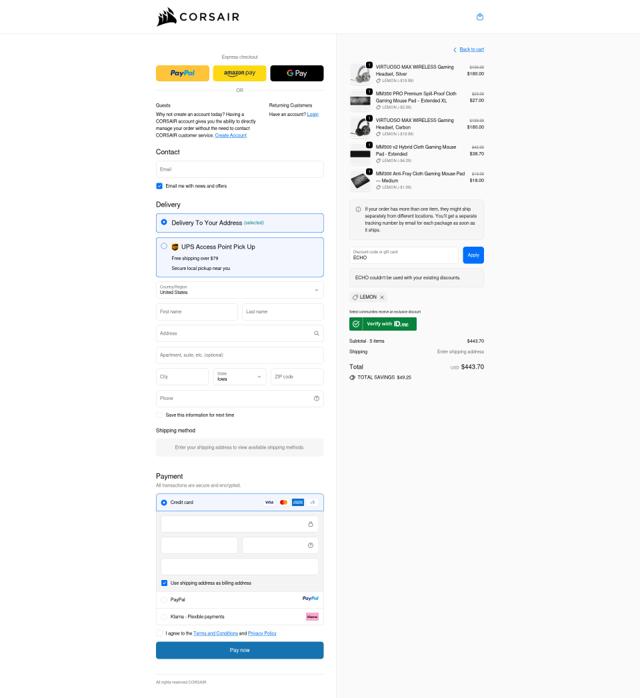 Corsair checkout page showing Corsair discount code box | Screenshot taken by SimplyCodes community member on Sep 24, 2025