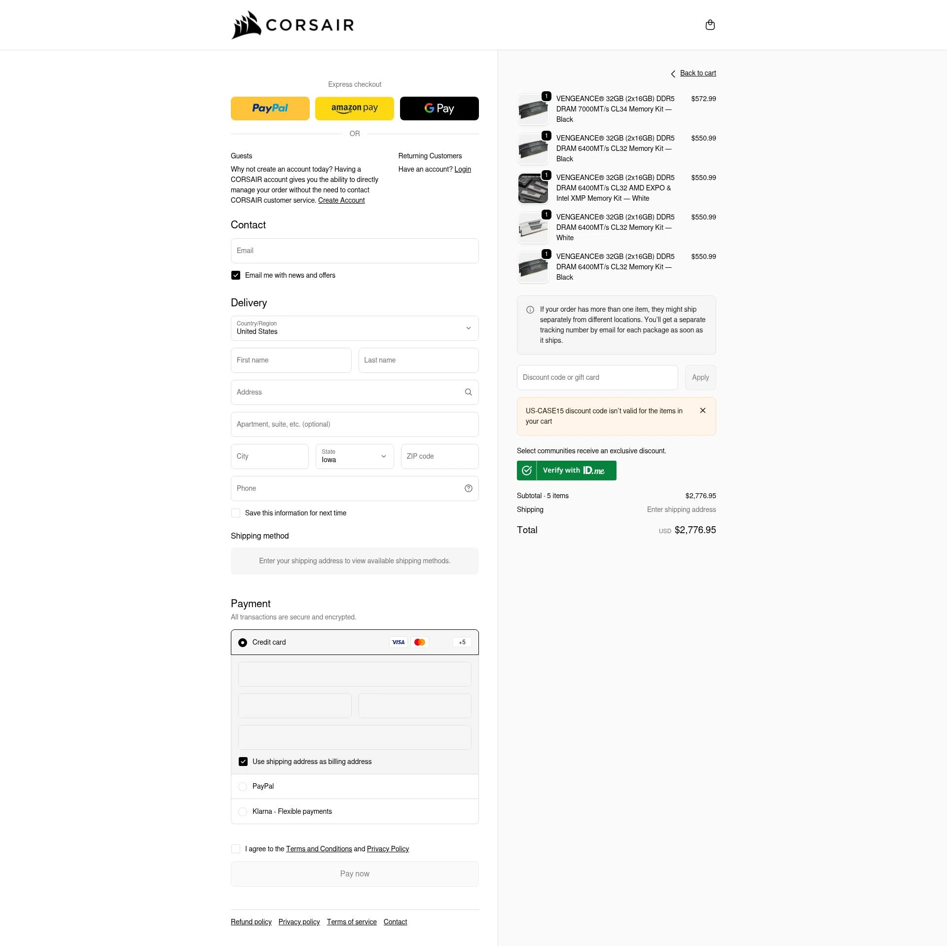 Corsair checkout page showing Corsair discount code box | Screenshot taken by SimplyCodes community member on Jan 31, 2026