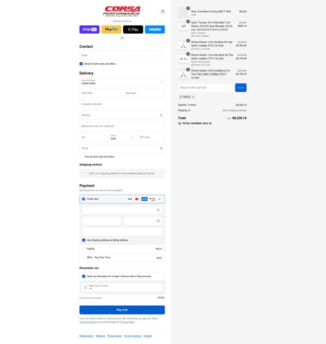 CORSA Performance checkout page showing CORSA Performance discount code box | Screenshot taken by SimplyCodes community member on Aug 26, 2025