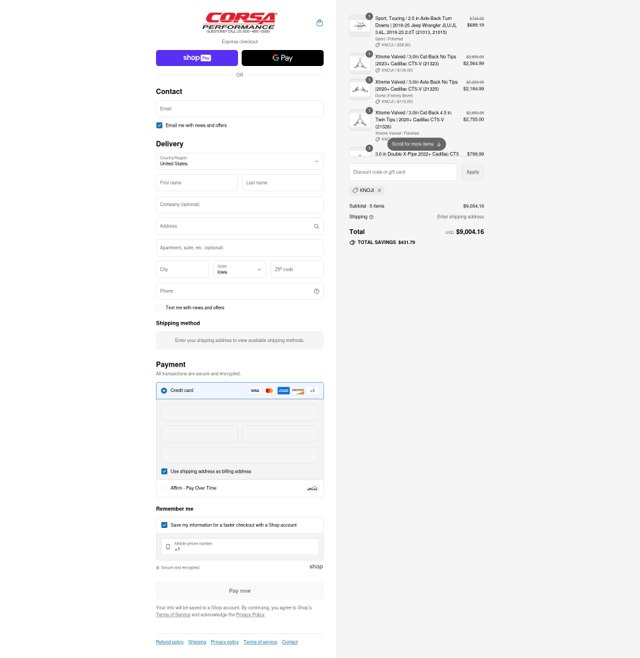 CORSA Performance checkout page showing CORSA Performance discount code box | Screenshot taken by SimplyCodes community member on Aug 9, 2025