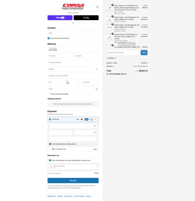 CORSA Performance checkout page showing CORSA Performance discount code box | Screenshot taken by SimplyCodes community member on Aug 12, 2025