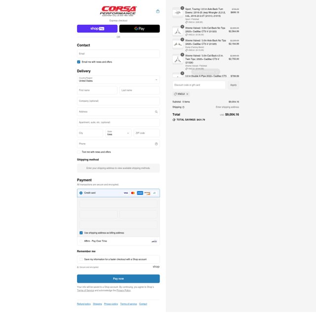 CORSA Performance checkout page showing CORSA Performance discount code box | Screenshot taken by SimplyCodes community member on Jul 31, 2025