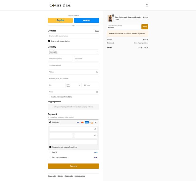 CorsetDeal checkout page showing CorsetDeal discount code box | Screenshot taken by SimplyCodes community member on Aug 26, 2025