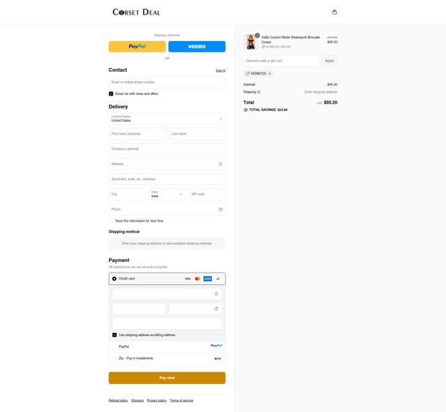 CorsetDeal checkout page showing CorsetDeal discount code box | Screenshot taken by SimplyCodes community member on Sep 12, 2025