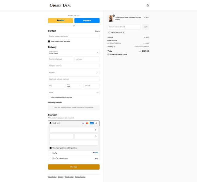 CorsetDeal checkout page showing CorsetDeal discount code box | Screenshot taken by SimplyCodes community member on Sep 12, 2025