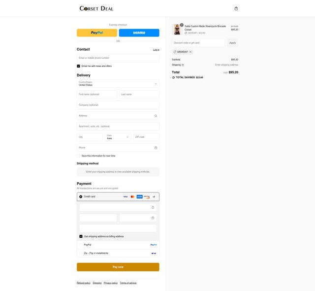 CorsetDeal checkout page showing CorsetDeal discount code box | Screenshot taken by SimplyCodes community member on Aug 26, 2025