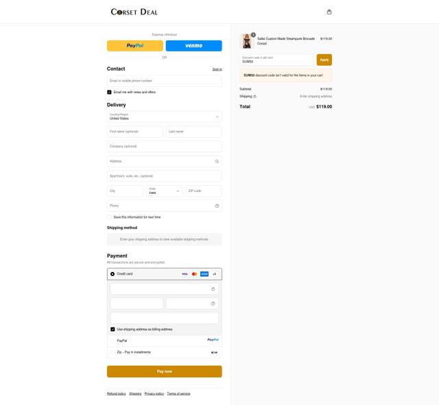 CorsetDeal checkout page showing CorsetDeal discount code box | Screenshot taken by SimplyCodes community member on Sep 12, 2025