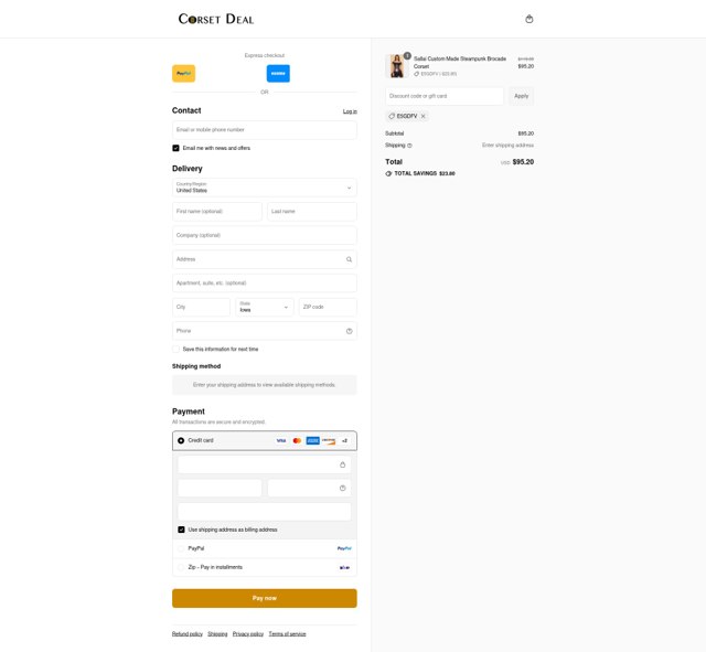 CorsetDeal checkout page showing CorsetDeal discount code box | Screenshot taken by SimplyCodes community member on Aug 26, 2025