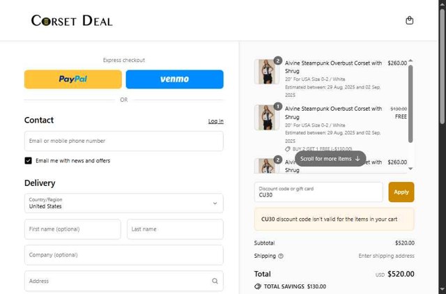 CorsetDeal checkout page showing CorsetDeal discount code box | Screenshot taken by SimplyCodes community member on Aug 26, 2025