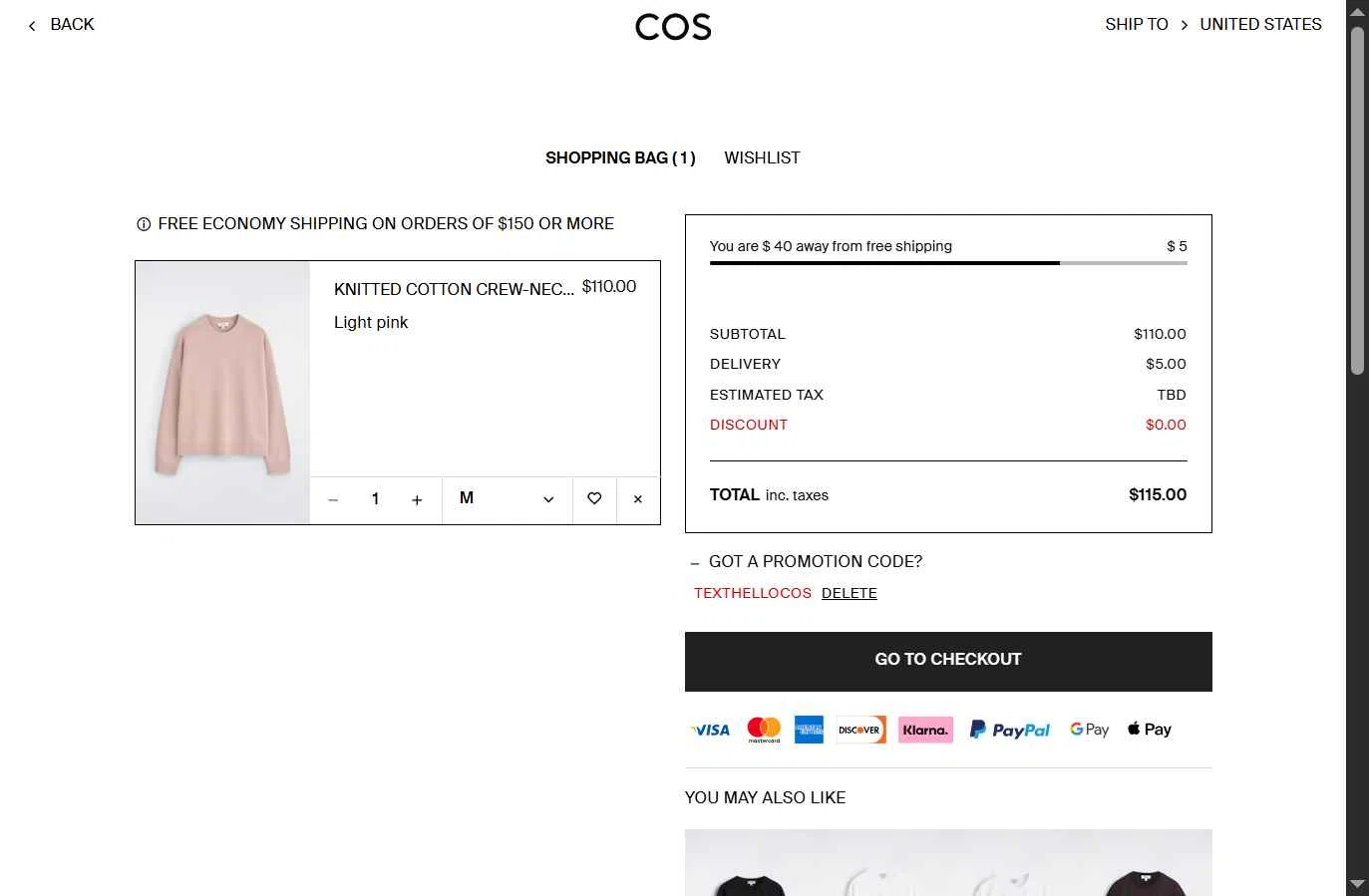 COS checkout page showing COS promo code box | Screenshot taken by SimplyCodes community member on Feb 6, 2026