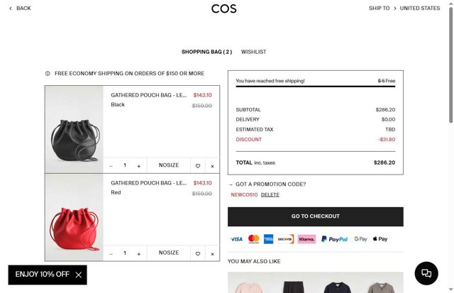 COS checkout page showing COS promo code box | Screenshot taken by SimplyCodes community member on Aug 27, 2025