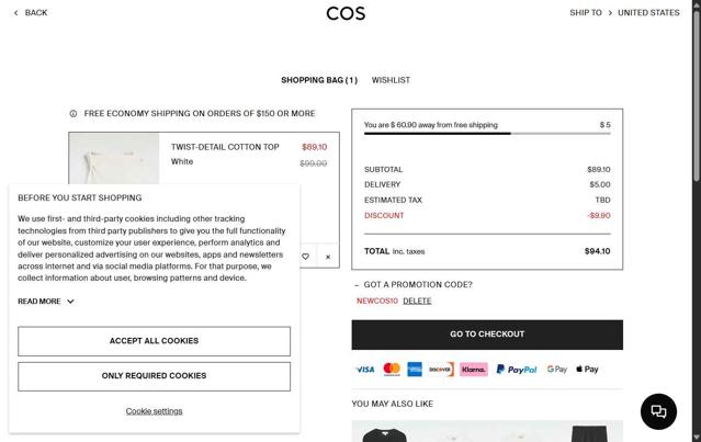 COS checkout page showing COS promo code box | Screenshot taken by SimplyCodes community member on Sep 27, 2025