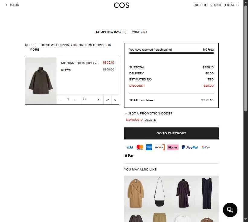 COS checkout page showing COS promo code box | Screenshot taken by SimplyCodes community member on Jan 10, 2026