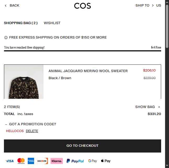 COS checkout page showing COS promo code box | Screenshot taken by SimplyCodes community member on Dec 26, 2025