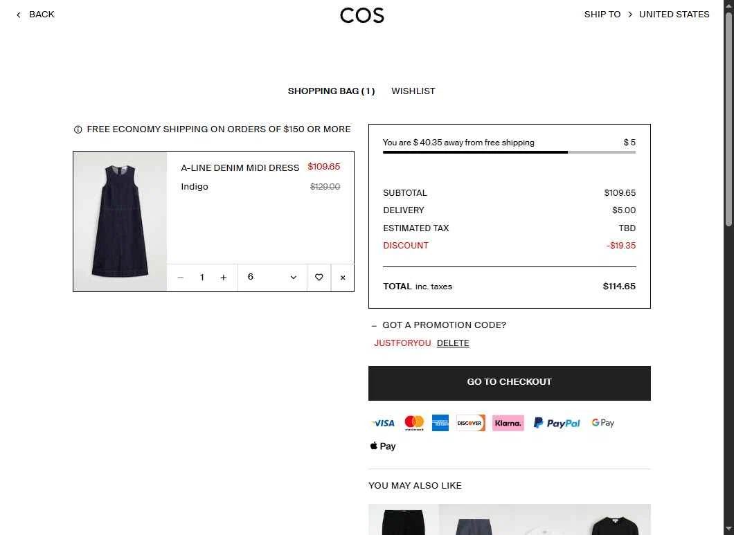 COS checkout page showing COS promo code box | Screenshot taken by SimplyCodes community member on Feb 3, 2026