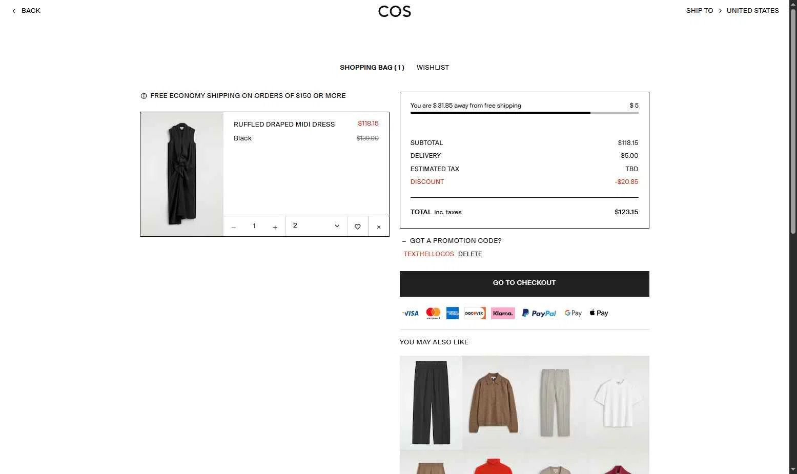 COS checkout page showing COS promo code box | Screenshot taken by SimplyCodes community member on Dec 23, 2025