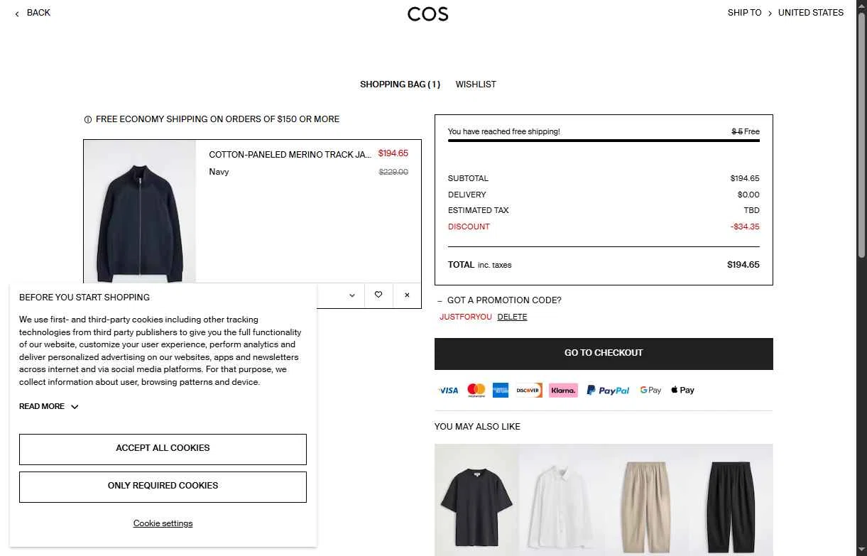 COS checkout page showing COS promo code box | Screenshot taken by SimplyCodes community member on Jan 30, 2026