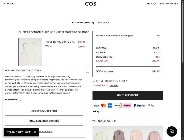 COS checkout page showing COS promo code box | Screenshot taken by SimplyCodes community member on Sep 7, 2025