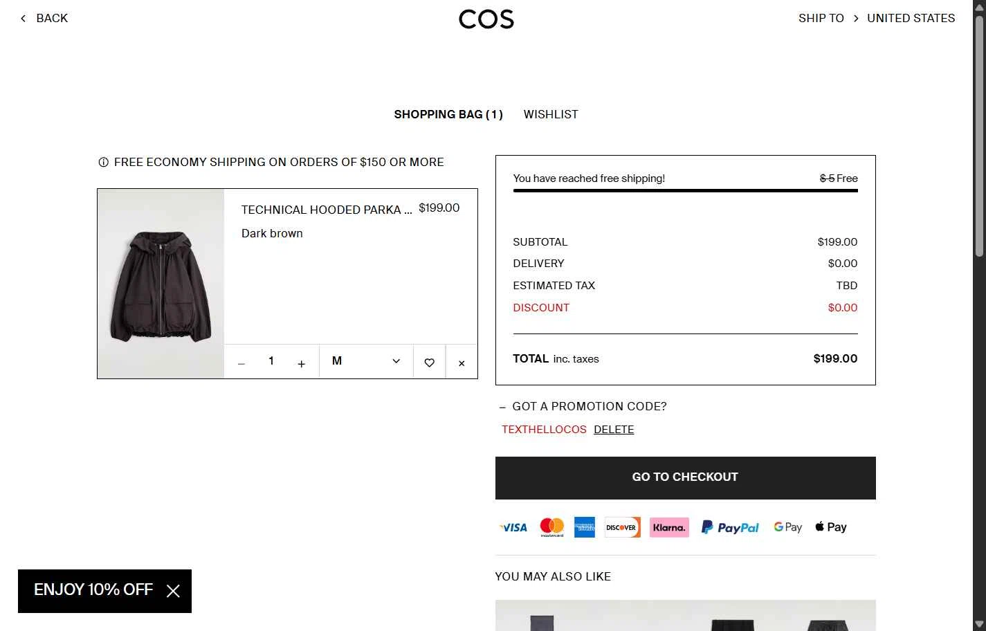 COS checkout page showing COS promo code box | Screenshot taken by SimplyCodes community member on Jan 27, 2026