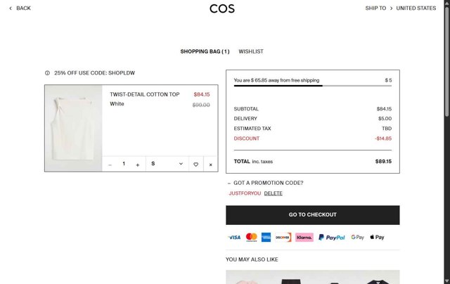 COS checkout page showing COS promo code box | Screenshot taken by SimplyCodes community member on Aug 28, 2025