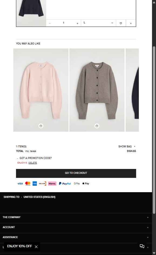 COS checkout page showing COS promo code box | Screenshot taken by SimplyCodes community member on Aug 22, 2025