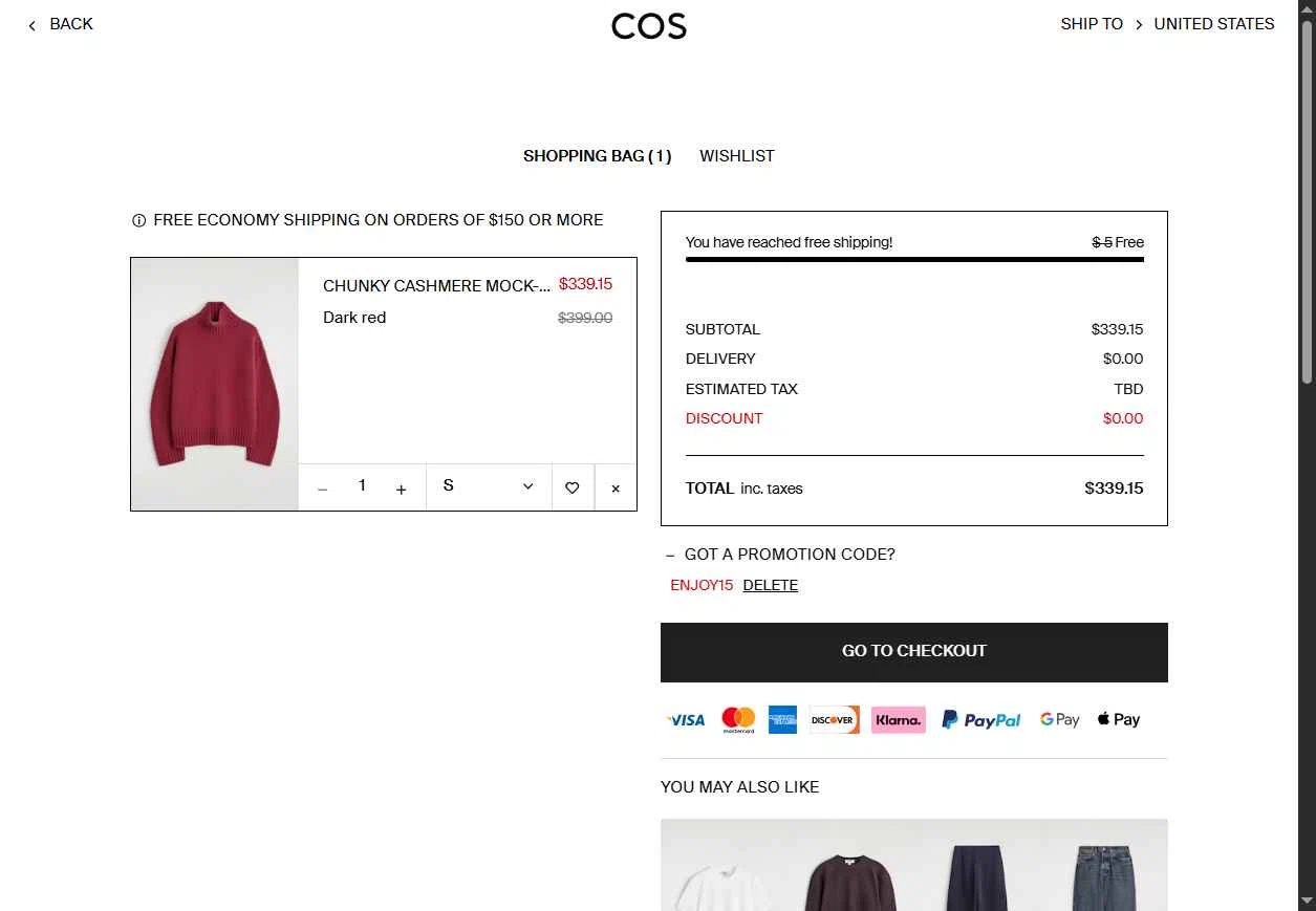 COS checkout page showing COS promo code box | Screenshot taken by SimplyCodes community member on Dec 18, 2025