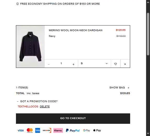 COS checkout page showing COS promo code box | Screenshot taken by SimplyCodes community member on Jan 13, 2026