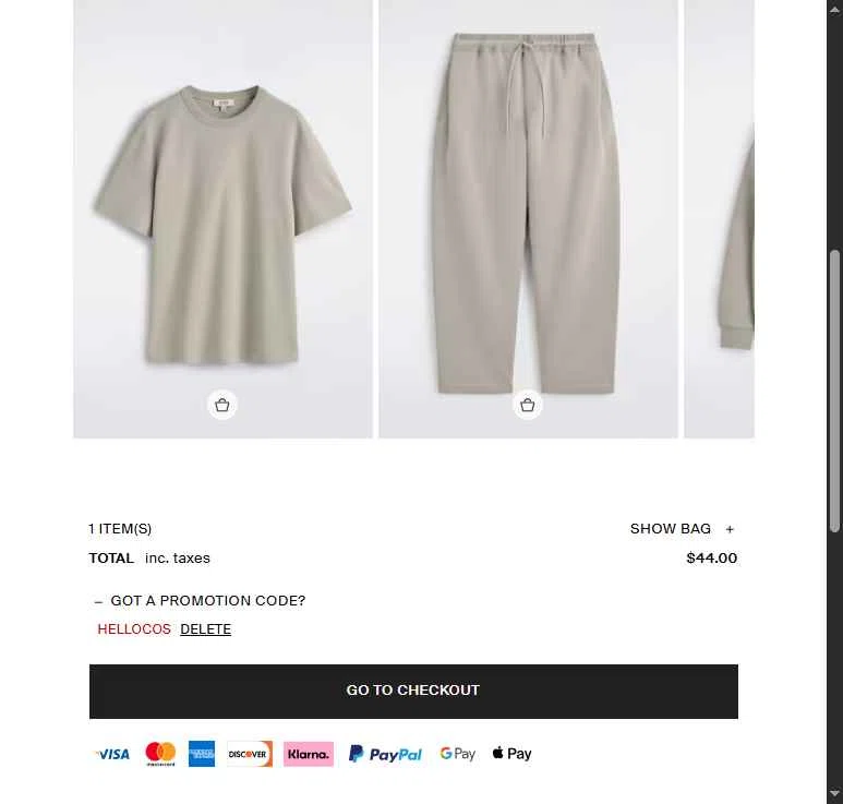 COS checkout page showing COS promo code box | Screenshot taken by SimplyCodes community member on Feb 25, 2026