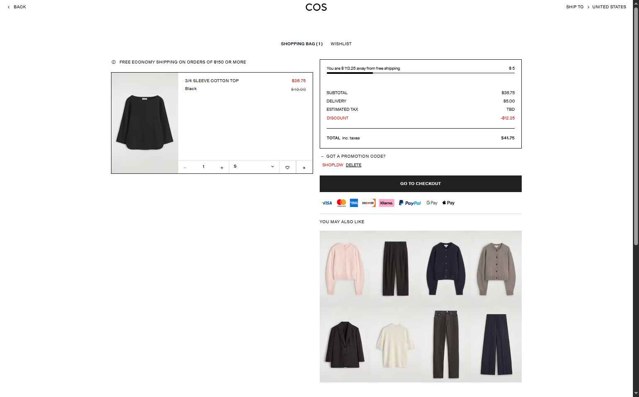 COS checkout page showing COS promo code box | Screenshot taken by SimplyCodes community member on Aug 27, 2025