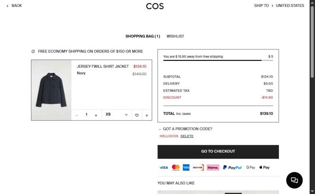 COS checkout page showing COS promo code box | Screenshot taken by SimplyCodes community member on Aug 27, 2025