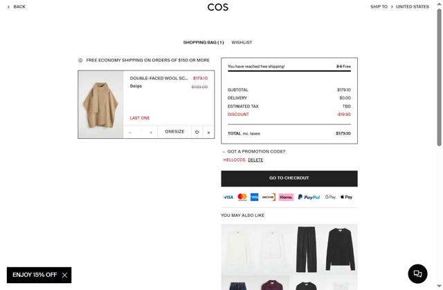 COS checkout page showing COS promo code box | Screenshot taken by SimplyCodes community member on Sep 25, 2025