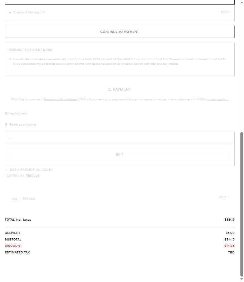 COS checkout page showing COS promo code box | Screenshot taken by SimplyCodes community member on Jan 13, 2026