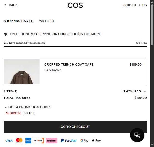COS checkout page showing COS promo code box | Screenshot taken by SimplyCodes community member on Aug 24, 2025
