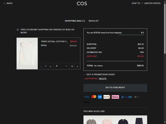 COS checkout page showing COS promo code box | Screenshot taken by SimplyCodes community member on Aug 23, 2025