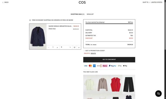 COS checkout page showing COS promo code box | Screenshot taken by SimplyCodes community member on Sep 6, 2025