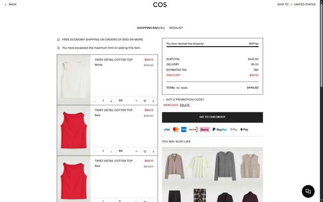 COS checkout page showing COS promo code box | Screenshot taken by SimplyCodes community member on Sep 7, 2025