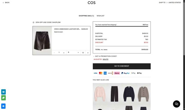 COS checkout page showing COS promo code box | Screenshot taken by SimplyCodes community member on Aug 27, 2025