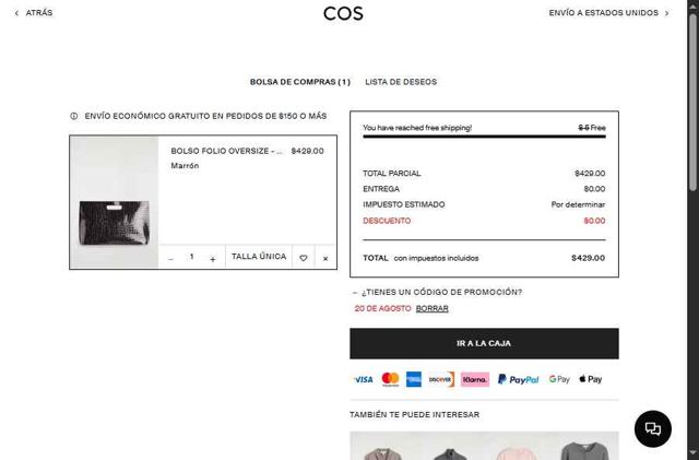 COS checkout page showing COS promo code box | Screenshot taken by SimplyCodes community member on Sep 10, 2025