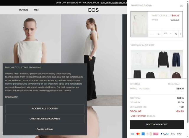 COS checkout page showing COS promo code box | Screenshot taken by SimplyCodes community member on Sep 28, 2025