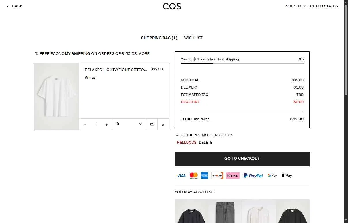 COS checkout page showing COS promo code box | Screenshot taken by SimplyCodes community member on Jan 27, 2026
